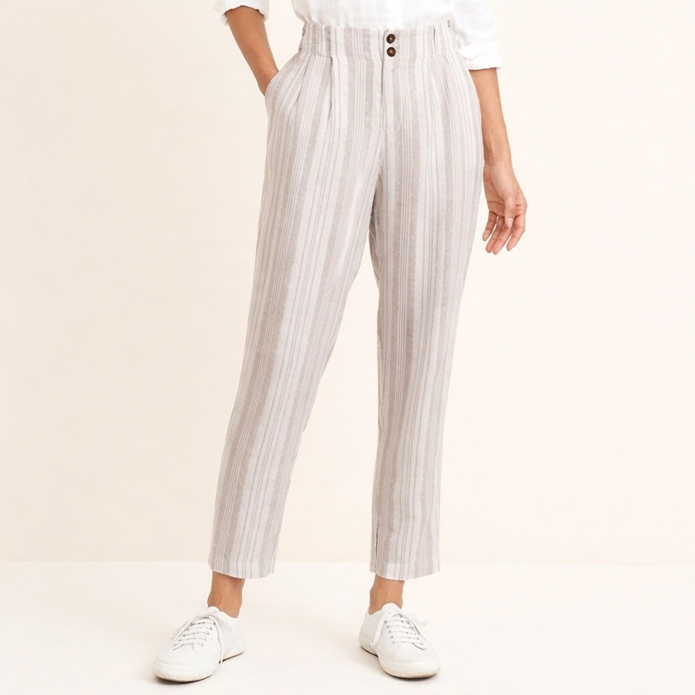 Garnet Hill 100%‎ Linen Stripe High Rise Ankle Trouser Pleated Front White Tan 6